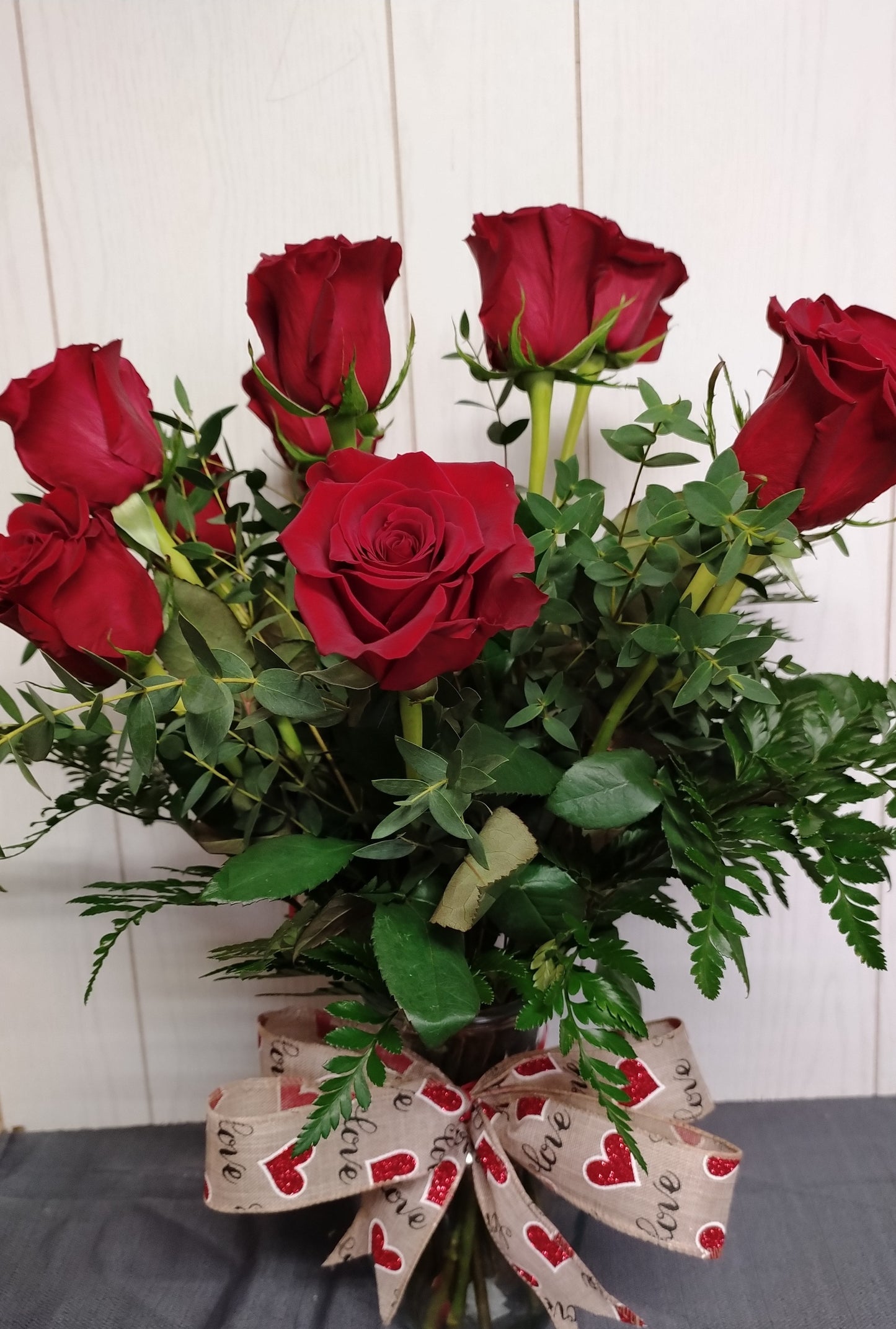 Simple Red Rose and Greens Vase