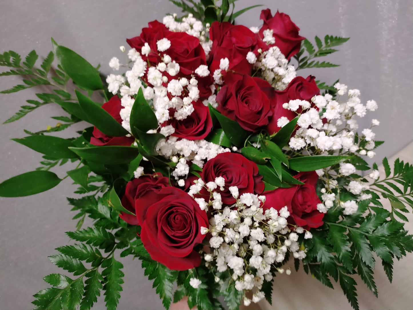 Red Rose with Baby's Breath and Greens Wrapped Bouquet