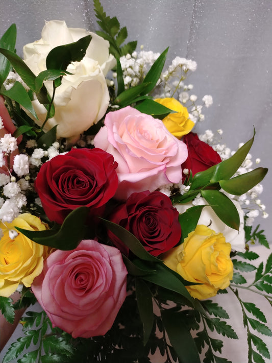 Mixed Color Rose with Baby's Breath and Greens Wrapped Bouquet